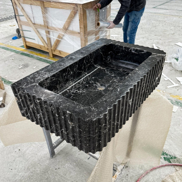 Baygara Marble Sink – Black Fluted Stone Vessel for Custom Luxury Vanities and Bold Bathroom Statements