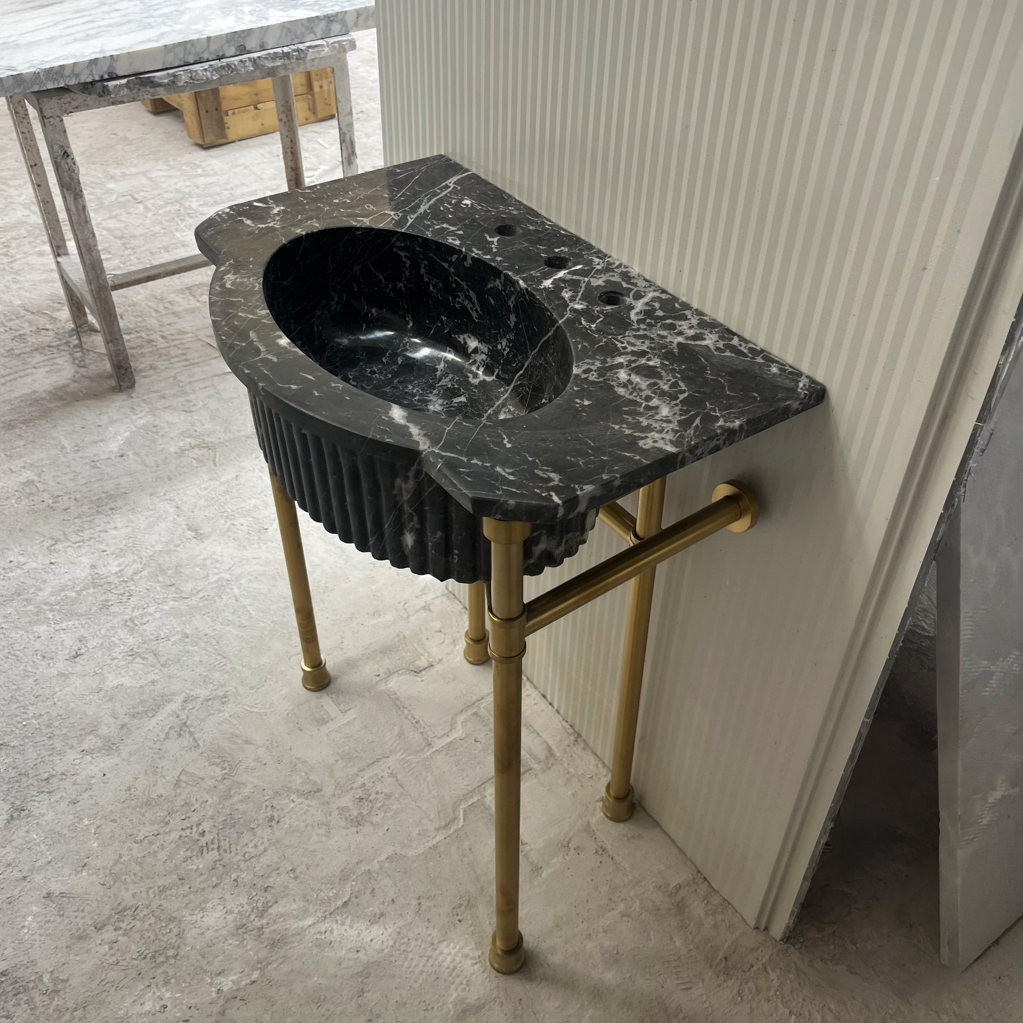 Black Marble Pedestal Sink with Brass Legs