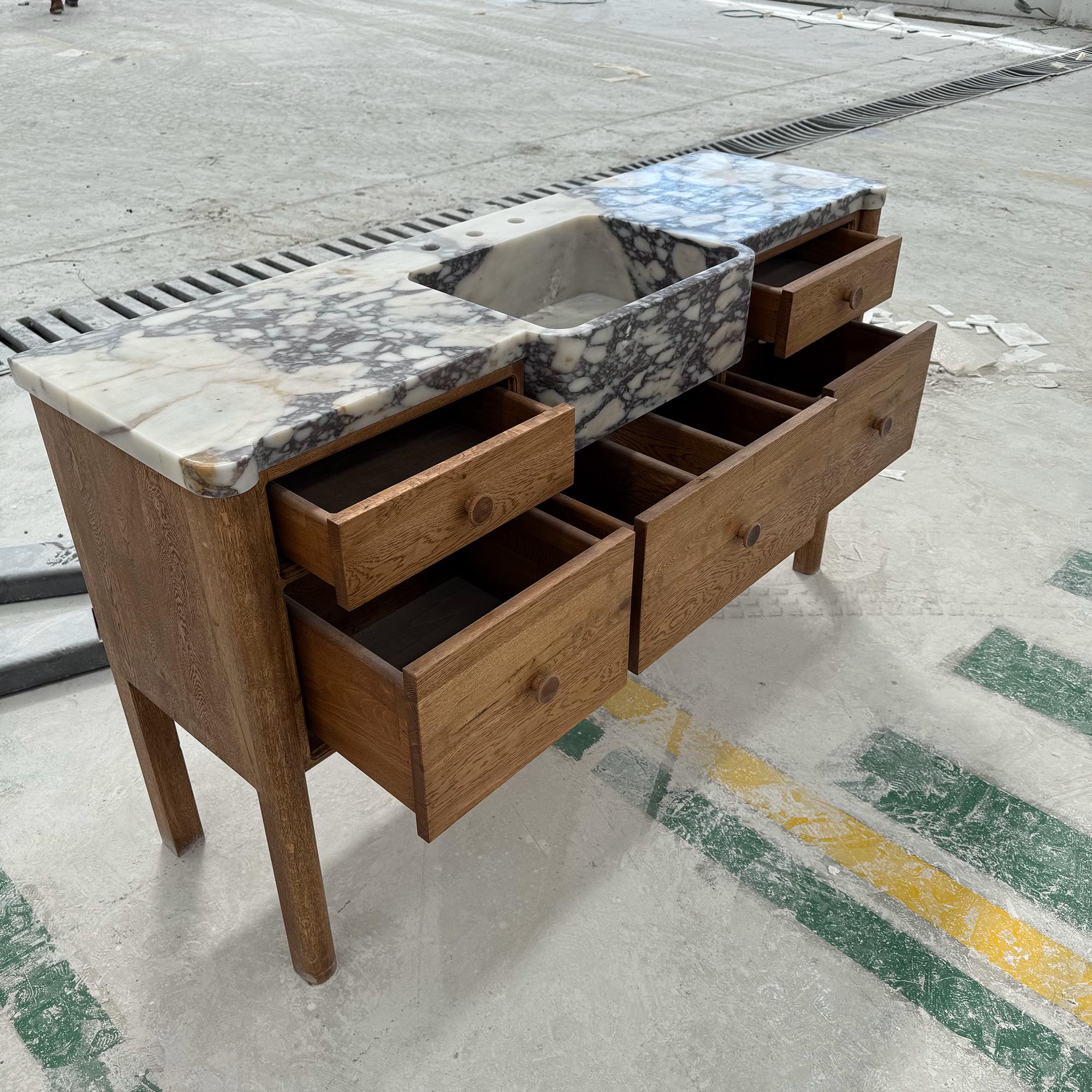 calacatta viola apron front sink vanity