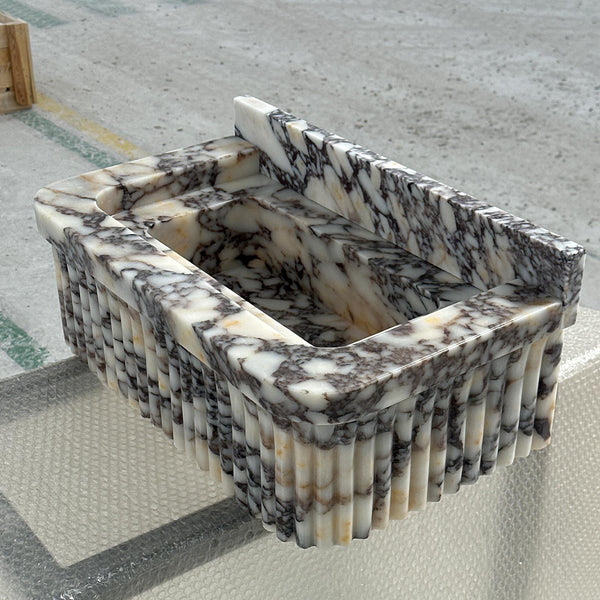 Hand-Carved Fluted Calacatta Viola Marble Sink with Integrated Backsplash M6S44