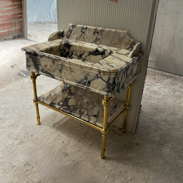 Hand-Carved Calacatta Viola Marble Washstand with Brass Legs M6M004
