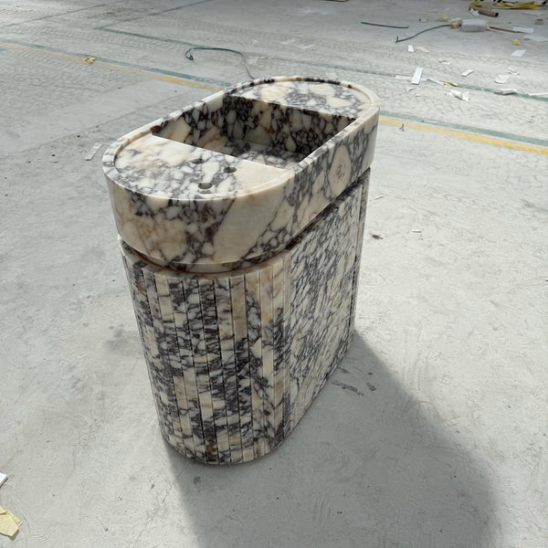 Calacatta Viola Marble Sink Cabinet – Full Stone Bathroom Vanity with Fluted Oval Basin for Luxury Interiors