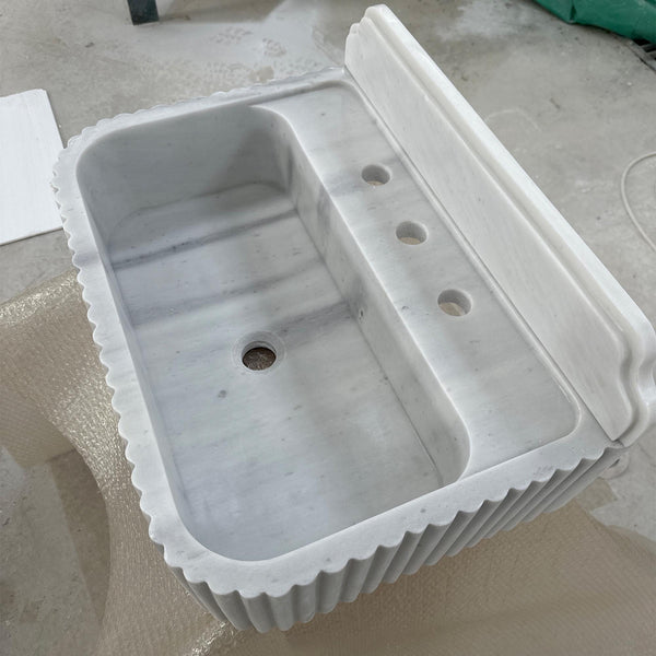Fluted Carrara Marble Wall Sink with Scalloped High Backsplash M6S42