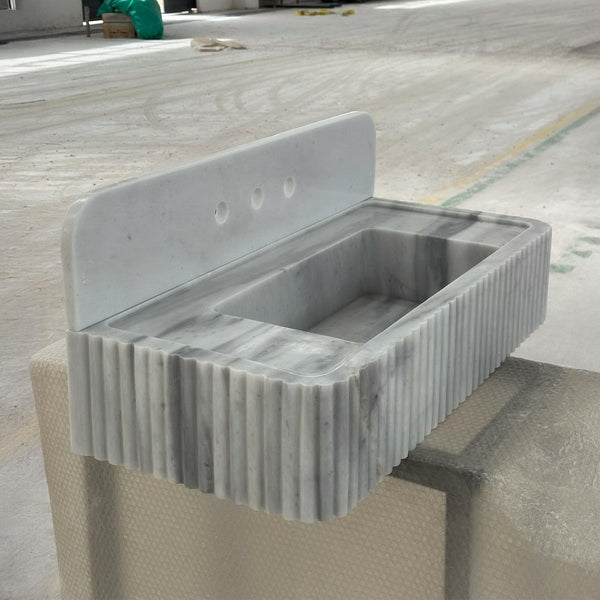 Hand-Carved Fluted Carrara Marble Wall Sink with Integrated High Backsplash M6S52