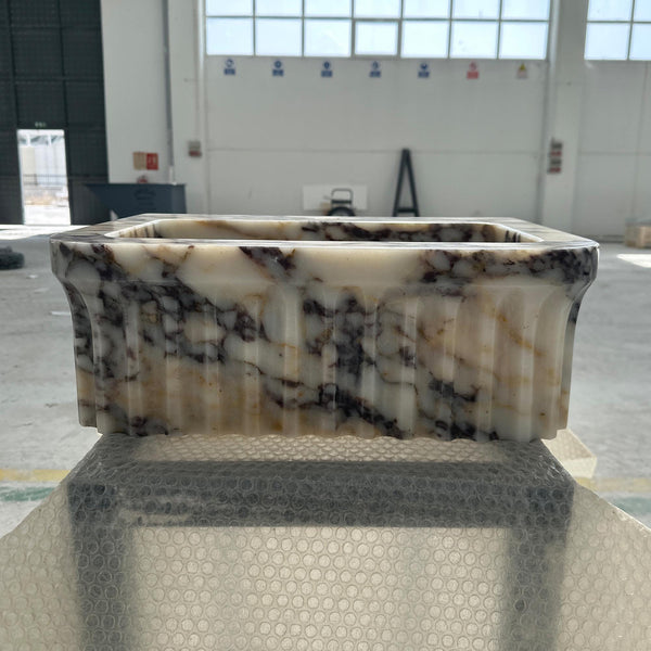 Calacatta Viola Marble Sink – Compact Fluted Stone Basin with Single Faucet Hole for Designer Powder Rooms hover