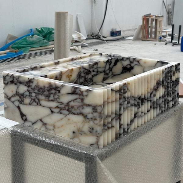 Calacatta Viola Marble Sink – Compact Fluted Stone Basin with Single Faucet Hole for Designer Powder RoomsCalacatta Viola Marble Sink hover