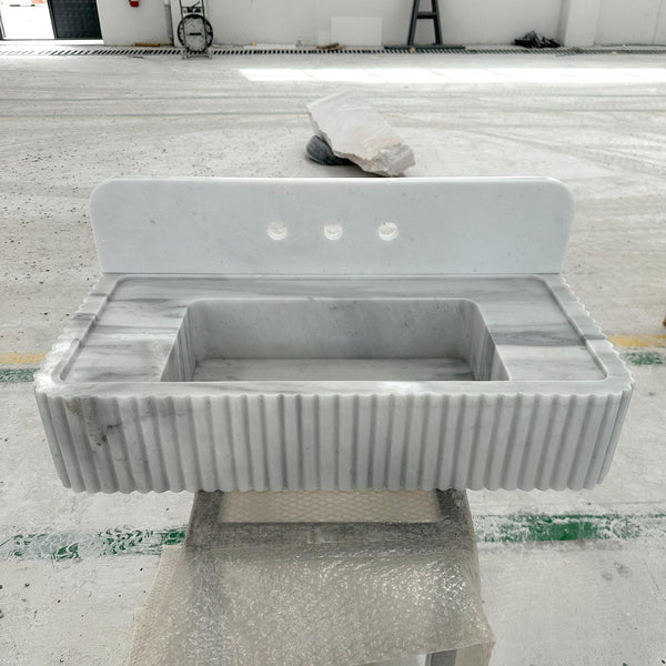 Fluted Carrara Marble Wall Mount Sink with Backsplash – Sculpted Rectangular Basin for Elegant Bathroom Design hover