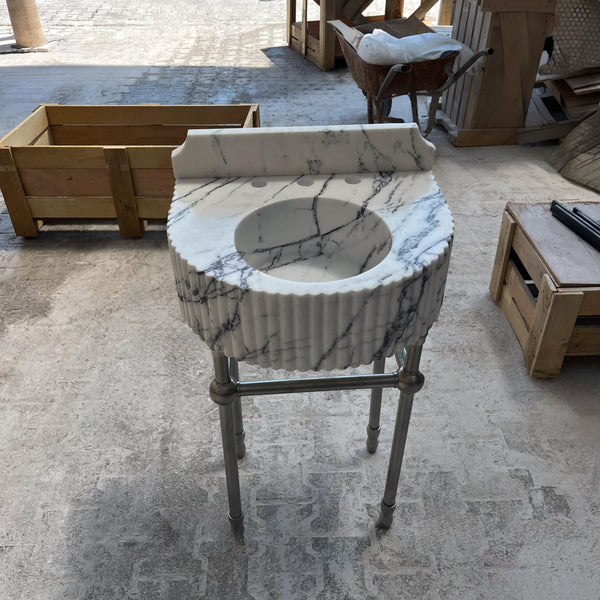Fluted Calacatta Marble Demilune Console Sink with Integrated Backsplash M6M019