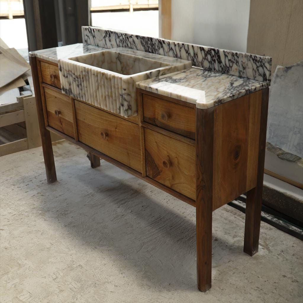 Fluted Calacatta Marble Sink with Natural Wood Vanity