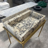 Fluted Calacatta Monet Marble Sink Basin on Brass Console