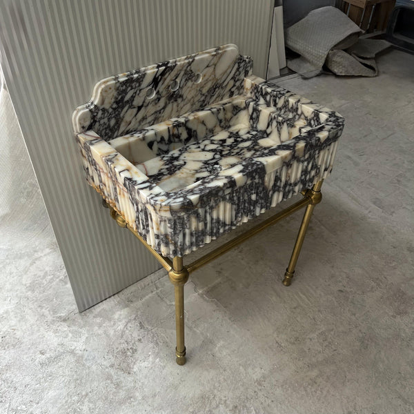 Hand-Carved Fluted Calacatta Viola Marble Console Sink with Scalloped Backsplash M6S011