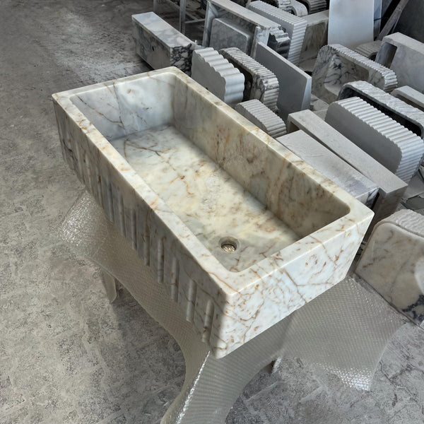 Fluted Calacatta Gold Marble Rectangular Vessel Sink Hand-Carved Natural Stone Basin M6S51
