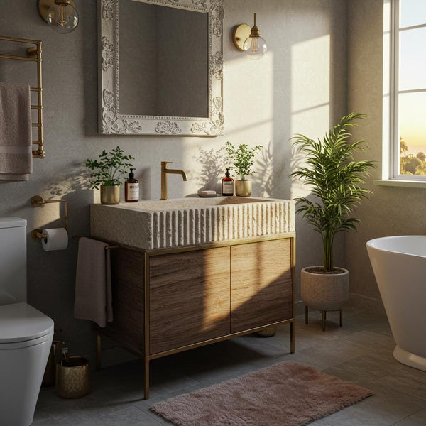 Fluted Travertine Stone Farmhouse Sink with Modern Brass & Walnut Vanity M6F005