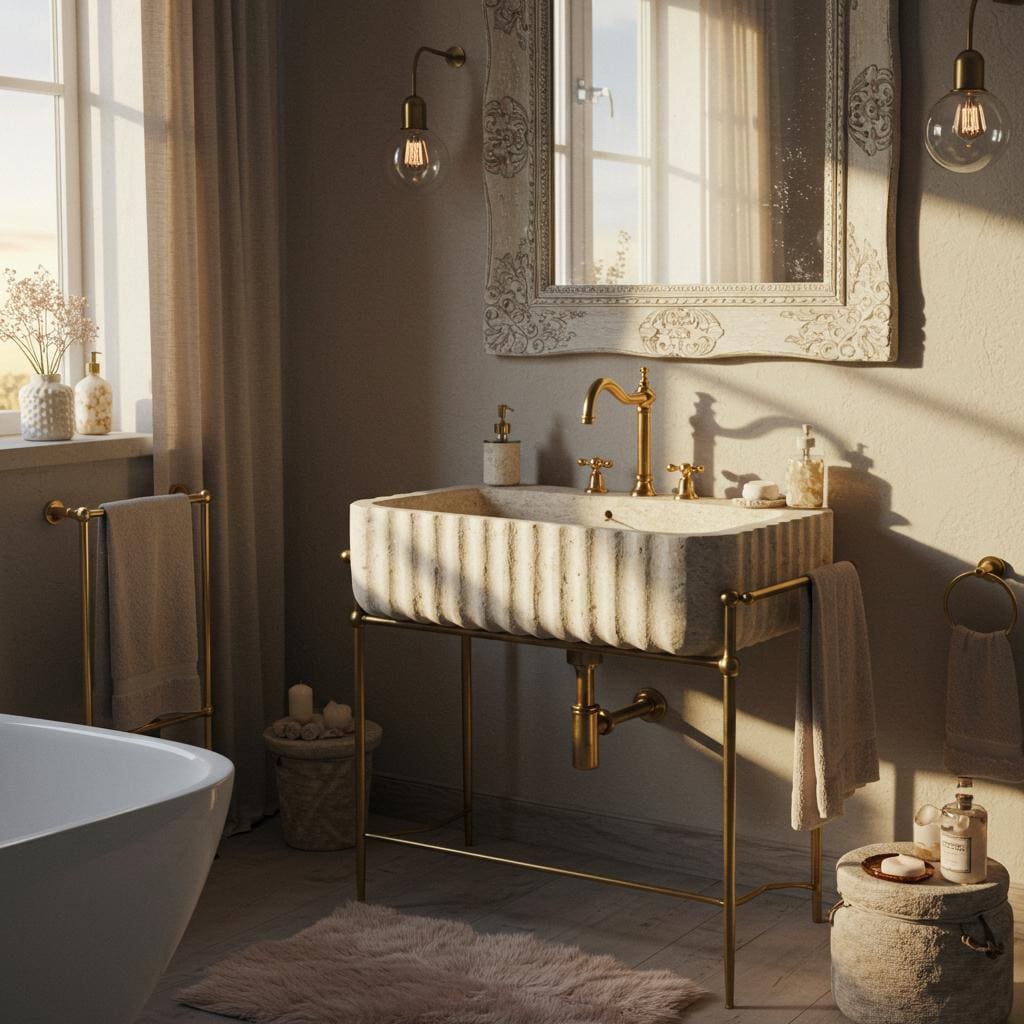 Fluted Travertine Marble Sink Wall Mounted Vanity with Gold Frame