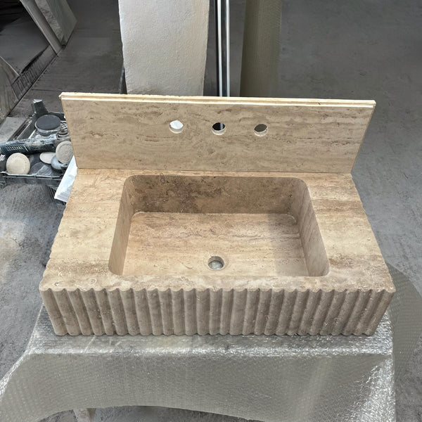 Hand-Carved Fluted Travertine Sink with Integrated Backsplash M6S36