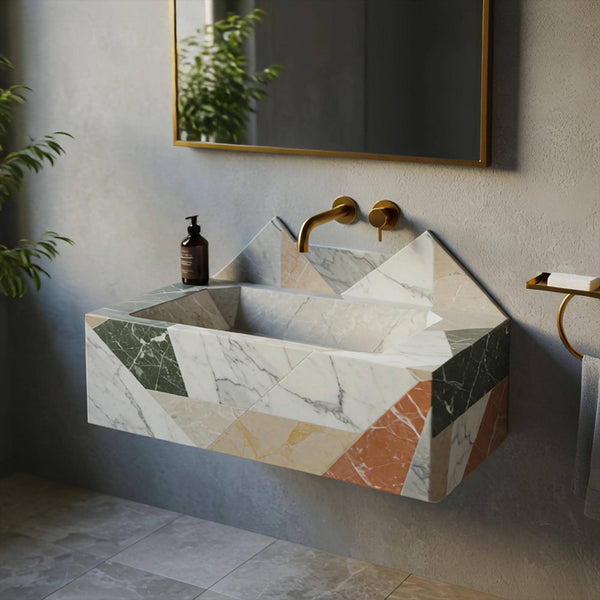 Geometric Polychrome Patchwork Marble Wall Sink – Avant-Garde Floating Basin M6S33