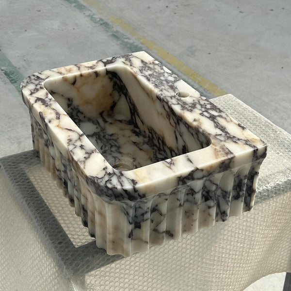 Fluted Calacatta Viola Marble Sink – Small Wall Mounted Vanity Basin for Luxury Powder Rooms and Bathrooms M6S53