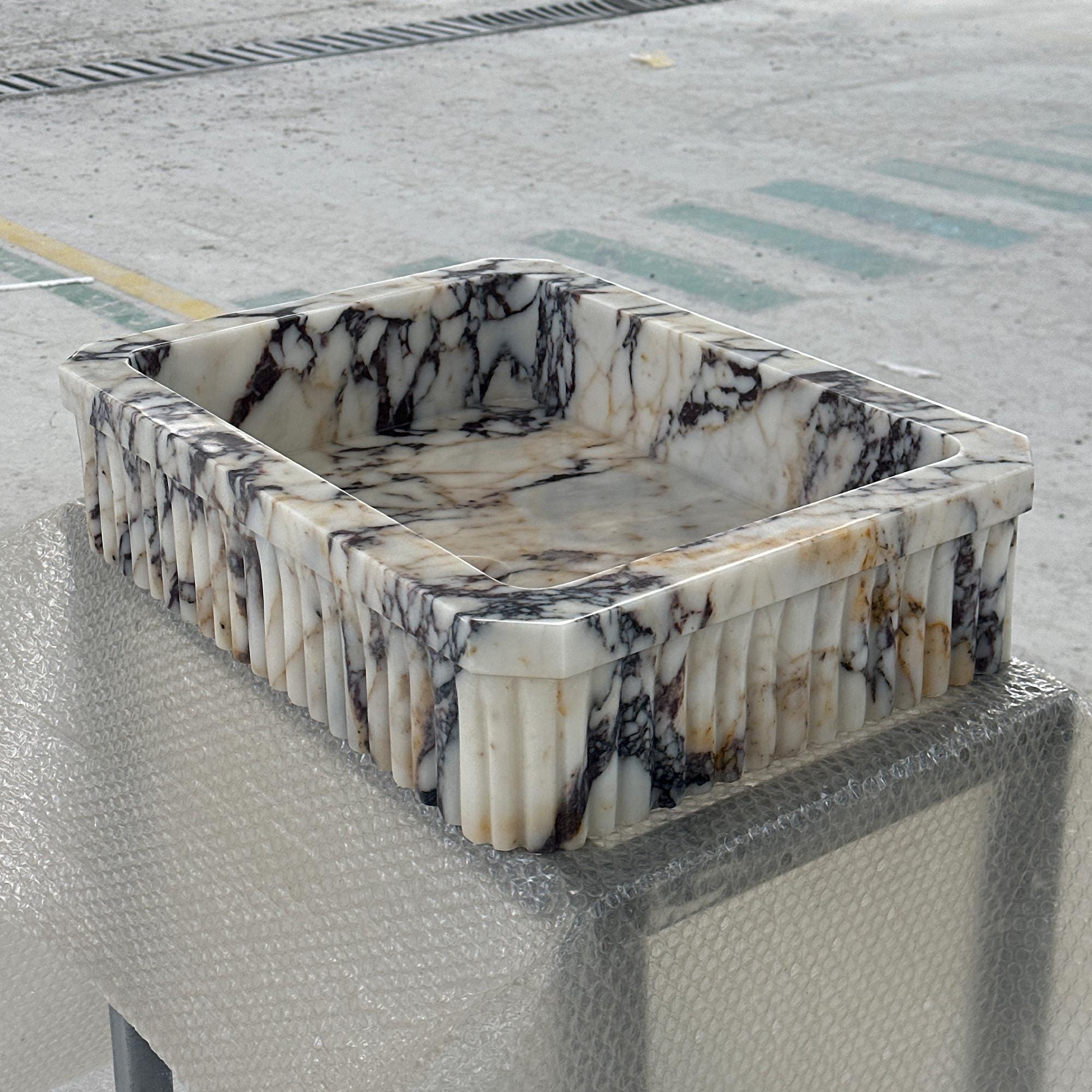 Calacatta Viola Marble Wall Sink – Fluted Floating Basin for Modern Bathrooms M6S50