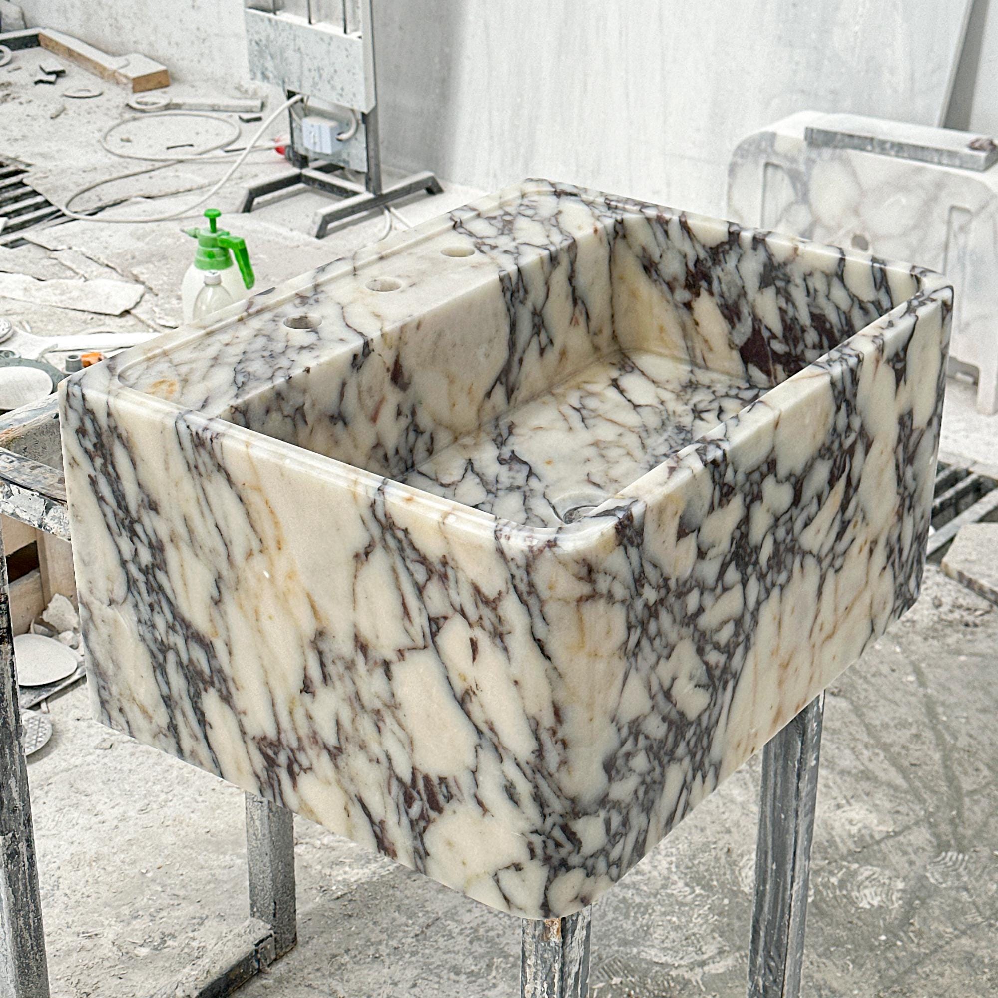 Calacatta Viola Marble Sink – Compact Rectangular Stone Basin for Powder Rooms and Natural Stone Vanity Tops M6S55