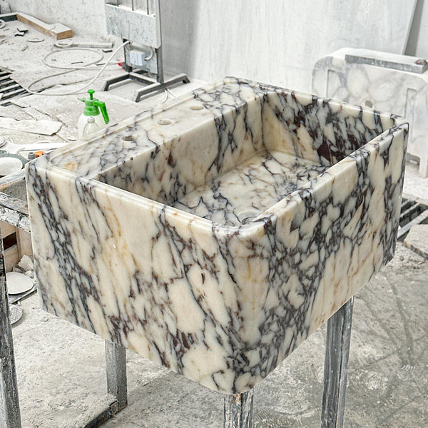 Calacatta Viola Marble Sink – Compact Rectangular Stone Basin for Powder Rooms and Natural Stone Vanity Tops M6S55