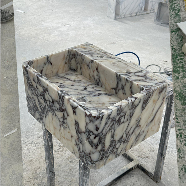 Calacatta Viola Marble Sink – Compact Rectangular Stone Basin for Powder Rooms and Natural Stone Vanity Tops M6S55 hover