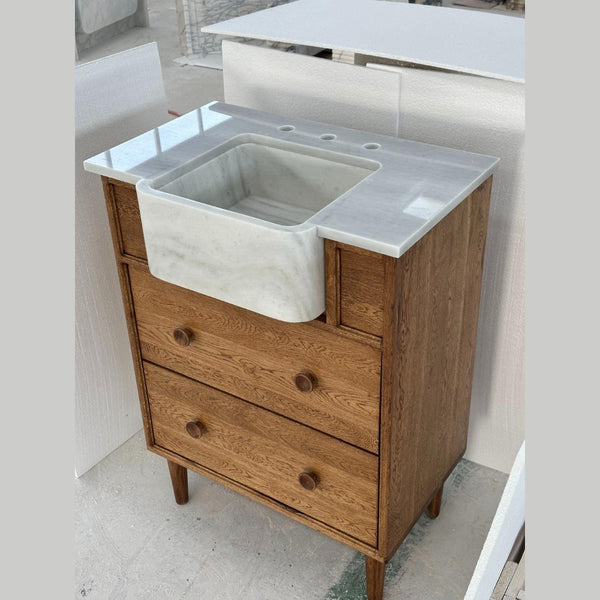 Carrara Marble Apron Sink with Wooden Vanity – Freestanding Bathroom Cabinet with Drawers for Farmhouse Interiors M6F009