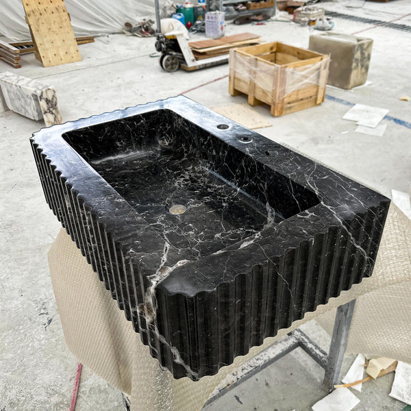 Pietre Notte Black Marble Sink – Fluted Stone Basin for Luxury Bathrooms and Custom Vanities M6S007