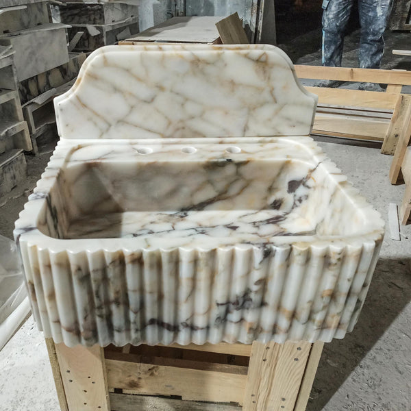 Calacatta Gold Marble Sink with Backsplash – Fluted Wall Mounted Vanity Basin for Luxury Bathrooms M6S28 hover