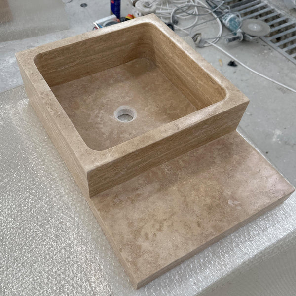 Travertine Countertop Sink with Shelf – Modern Stone Vanity for Minimalist Spaces M6S39 hover