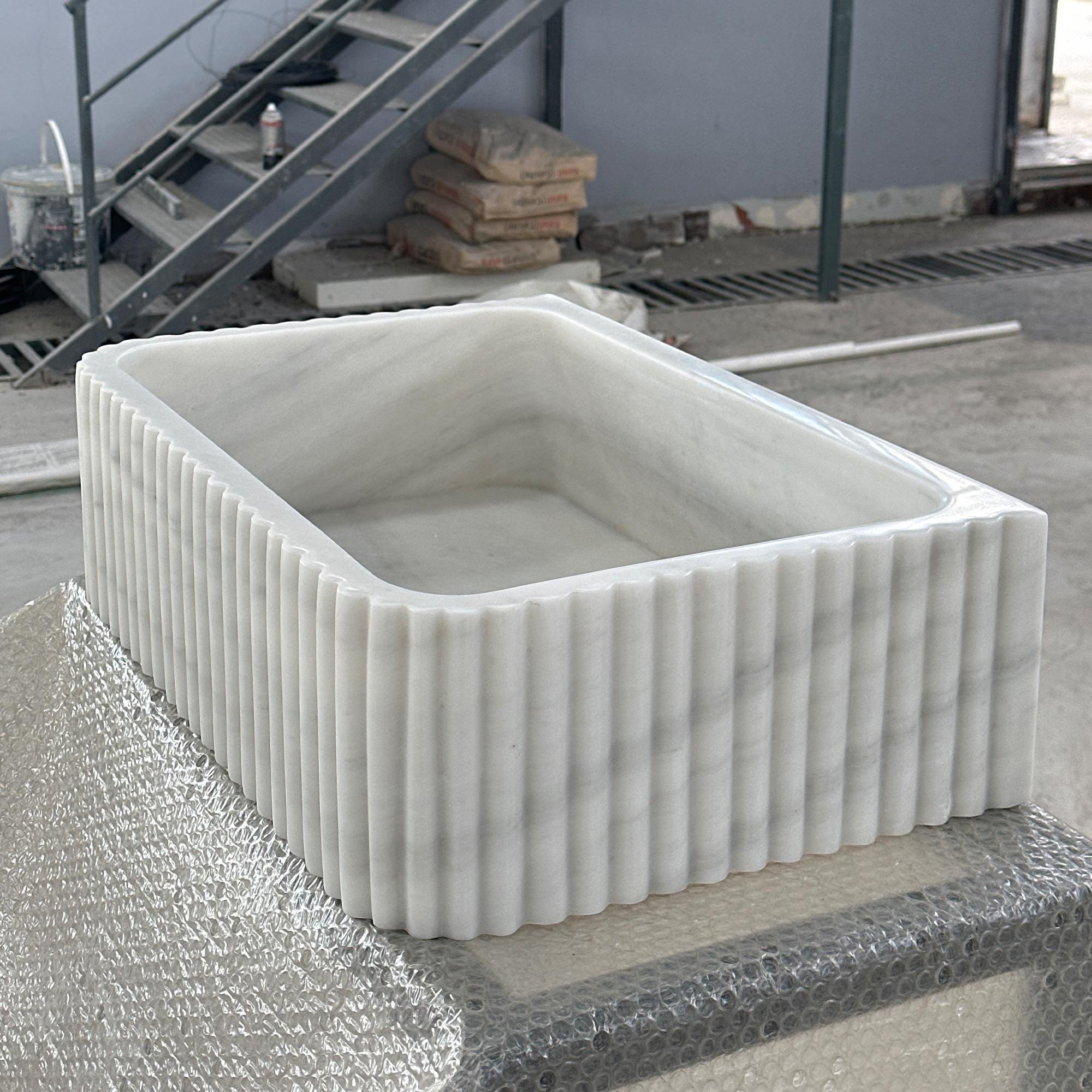 Carrara Marble Fluted Sink – Rectangular Stone Vessel for Modern Bathrooms and Vanities M6S49