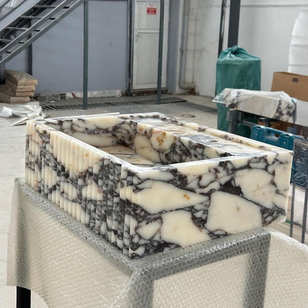 Calacatta Viola Marble Sink | Small Fluted Vanity Basin | Compact Designer Stone Sink for Modern Baths M6S45