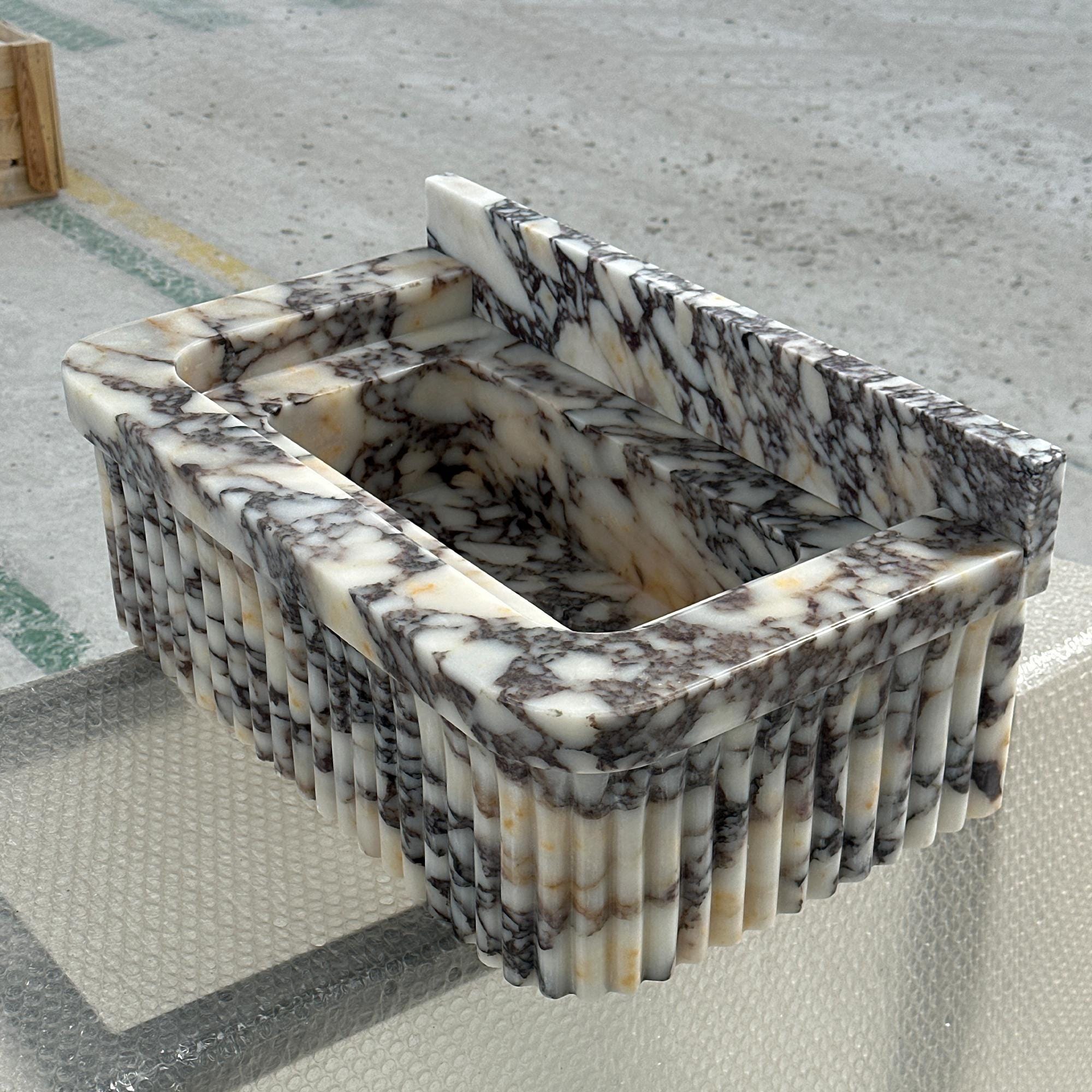 Calacatta Viola Marble Sink with Backsplash – Fluted Stone Vessel for Luxury Bathrooms and Designer Vanities M6S44