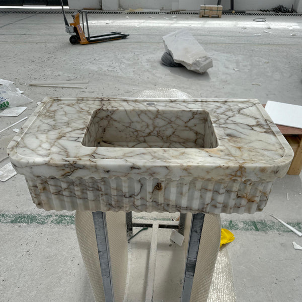 Calacatta Gold Marble Sink – Fluted Rectangular Stone Basin for Elegant Powder Rooms and Custom Vanities M6S35 hover