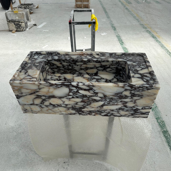 Calacatta Viola Marble Sink | Polished Modern Stone Basin | Rectangular Vanity for Designer Bathrooms M6S48 hover