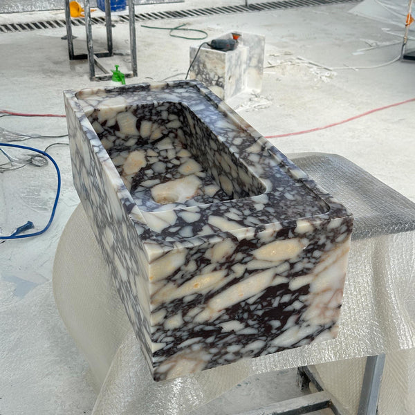 Calacatta Viola Marble Sink | Polished Modern Stone Basin | Rectangular Vanity for Designer Bathrooms M6S48