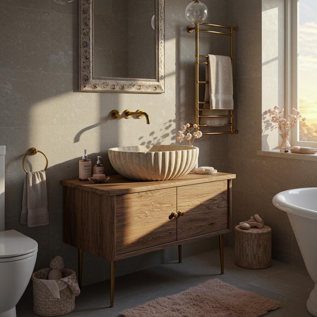 Fluted Travertine Vessel Sink | Natural Stone Marble Sink Basin | Bathroom Vanity Top | Custom Marble Sink | Floating Vanity Design M6F23