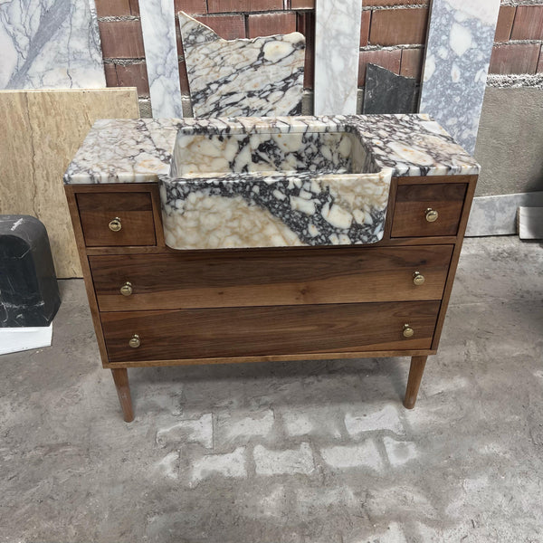 Apron Front Calacatta Viola Marble Sink with Walnut Vanity – Handmade Natural Stone Bathroom Console for Elegant Powder Room Decor M6F003