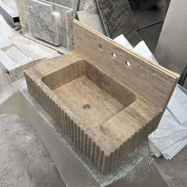 Fluted Travertine Marble Sink with Backsplash – Natural Stone Vanity Sink Basin for Bathroom, Custom Rectangular Wall Mount Design M6S36 hover