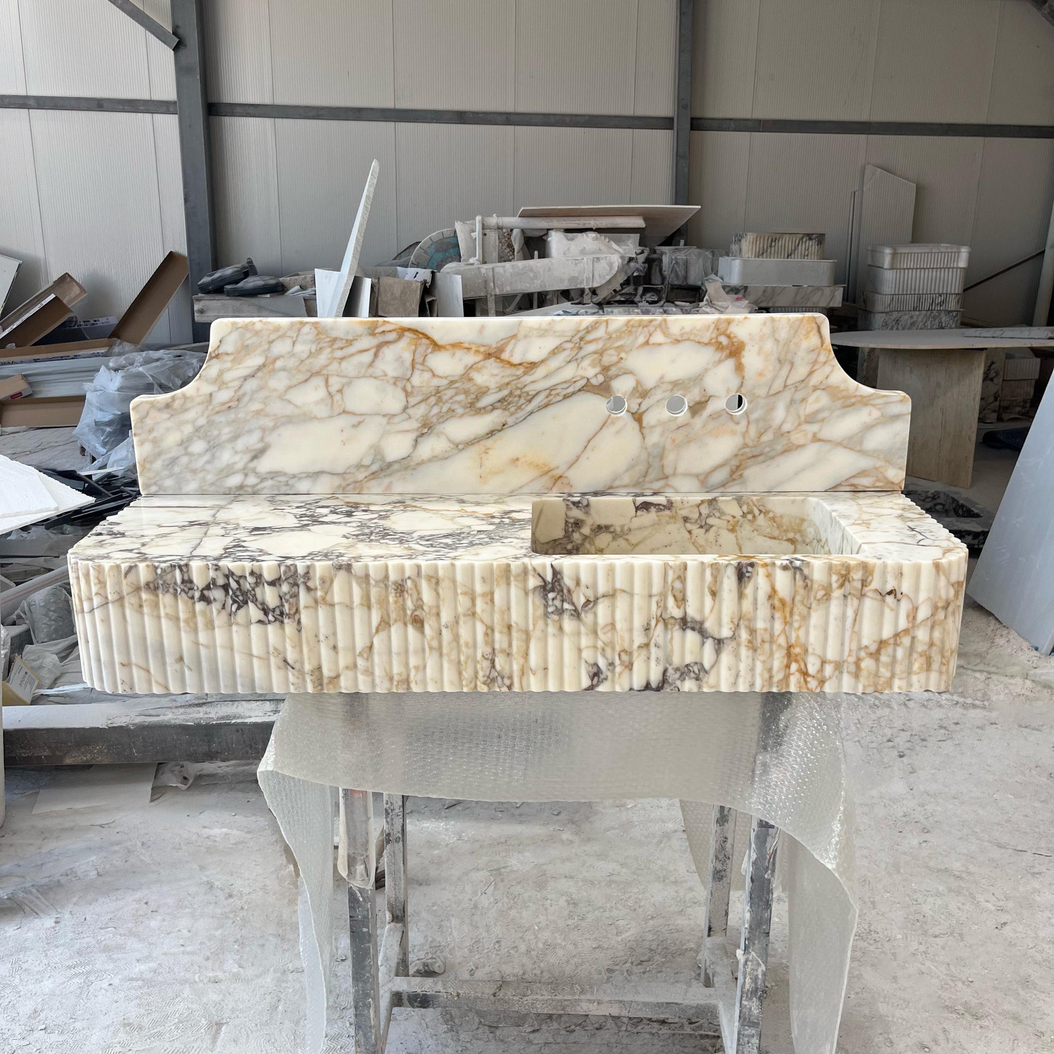 Natural Stone Sink with Backsplash, Wall Mounted Marble Vanity, Calacatta Monet Sink for Small Bathroom, Handcrafted Marble Basin M6S016