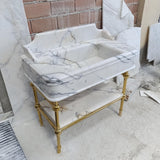 Lilac Marble Vanity Sink with Brass-Look Metal Base – Luxury Bathroom Console M6M27