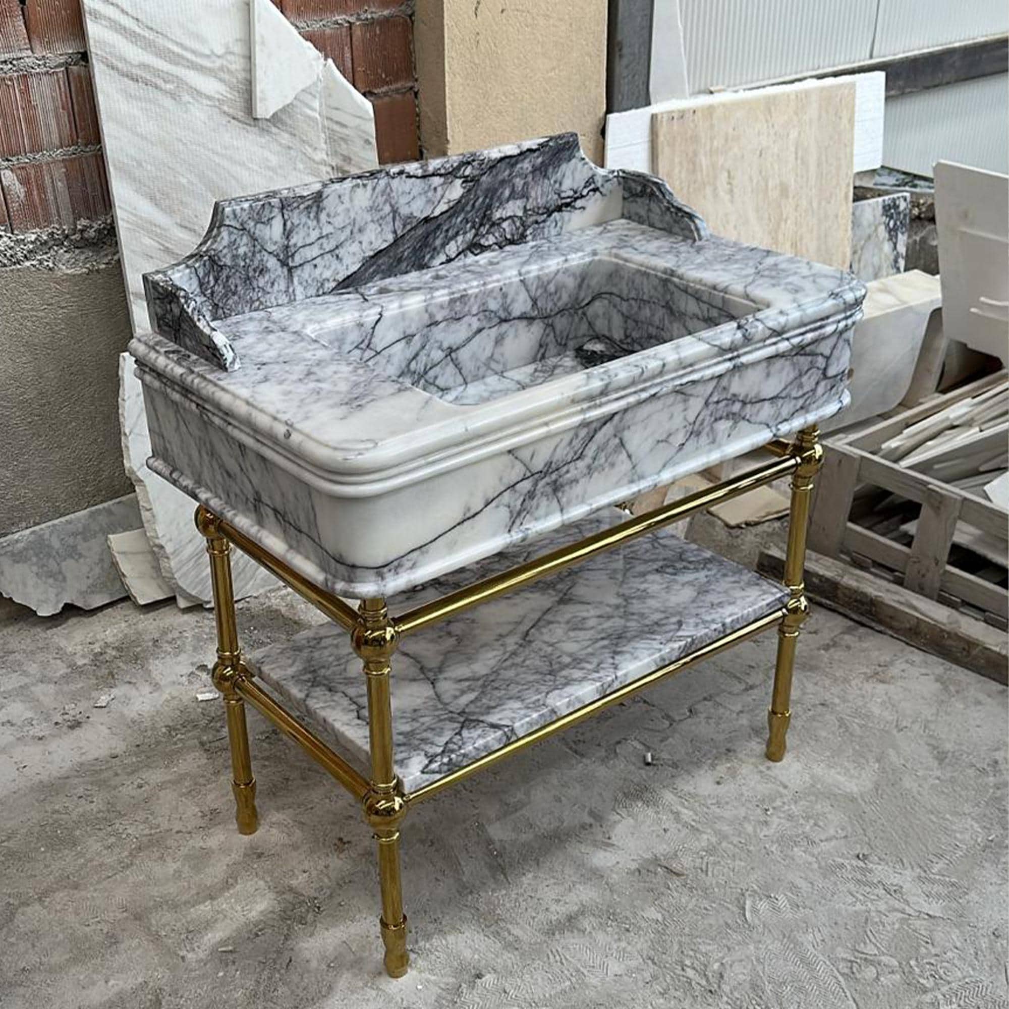 Lilac Marble Sink with Brass-Look Metal Base – Handcrafted 38" Bathroom Vanity Console for Luxury Interiors M6M54