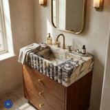Calacatta Viola Marble Fluted Sink with Wood Drawer Vanity – Natural Stone Bathroom Console for Small Spaces and Modern Powder Rooms M6F014