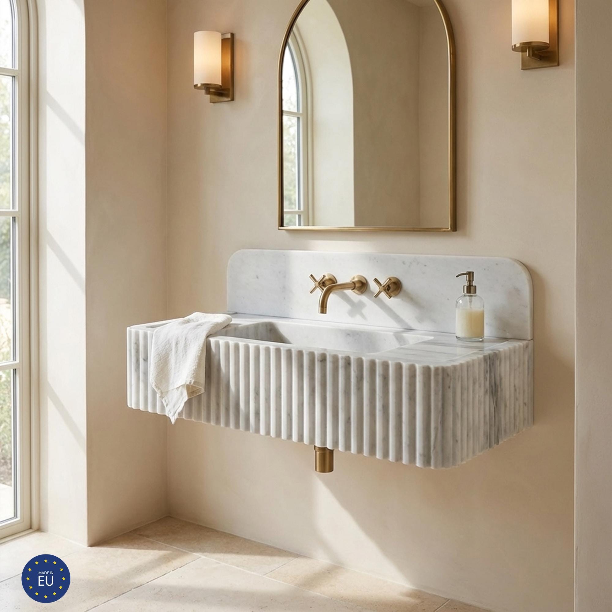 Carrara Marble Wall Mounted Sink – Fluted Stone Vanity with Integrated Backsplash for Modern Bathrooms M6S52