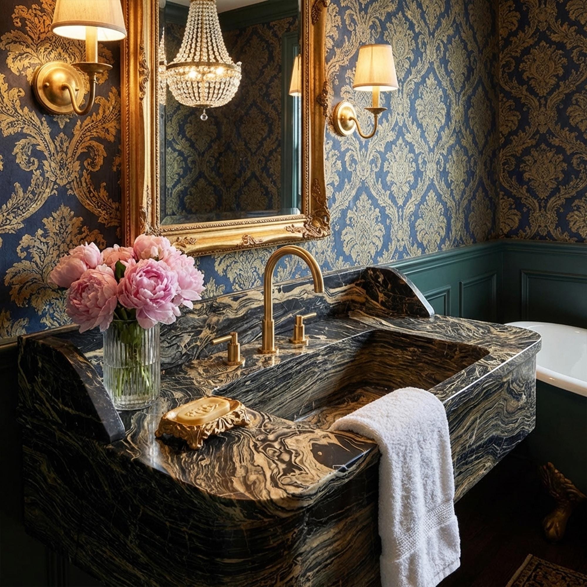 Nero Picasso Marble Sink with Gold Metal Stand & Sculpted Backsplash | Hand Carved Rare Dual-Texture Stone Basin | Custom Luxury Bathroom