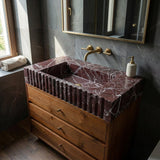 Handcrafted Rosso Levanto Fluted Marble Vanity Sink for Custom Size Bathroom M6N003