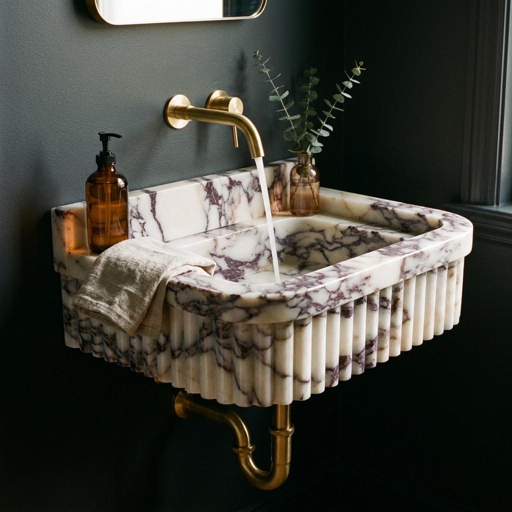 Calacatta Viola Fluted Wall Mounted Marble Sink with Backsplash and Hand Carved Detail, Small Batch Made to Order