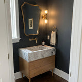 Fluted Calacatta Viola Marble Vanity Basin with Wood Vanity and Hand Carved Detail, Small Batch Made to Order