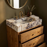 Calacatta Viola Sink | Calacatta Viola Fluted Marble Vanity Sink with Wood Vanity and Hand Carved Detail, Small Batch Made to Order
