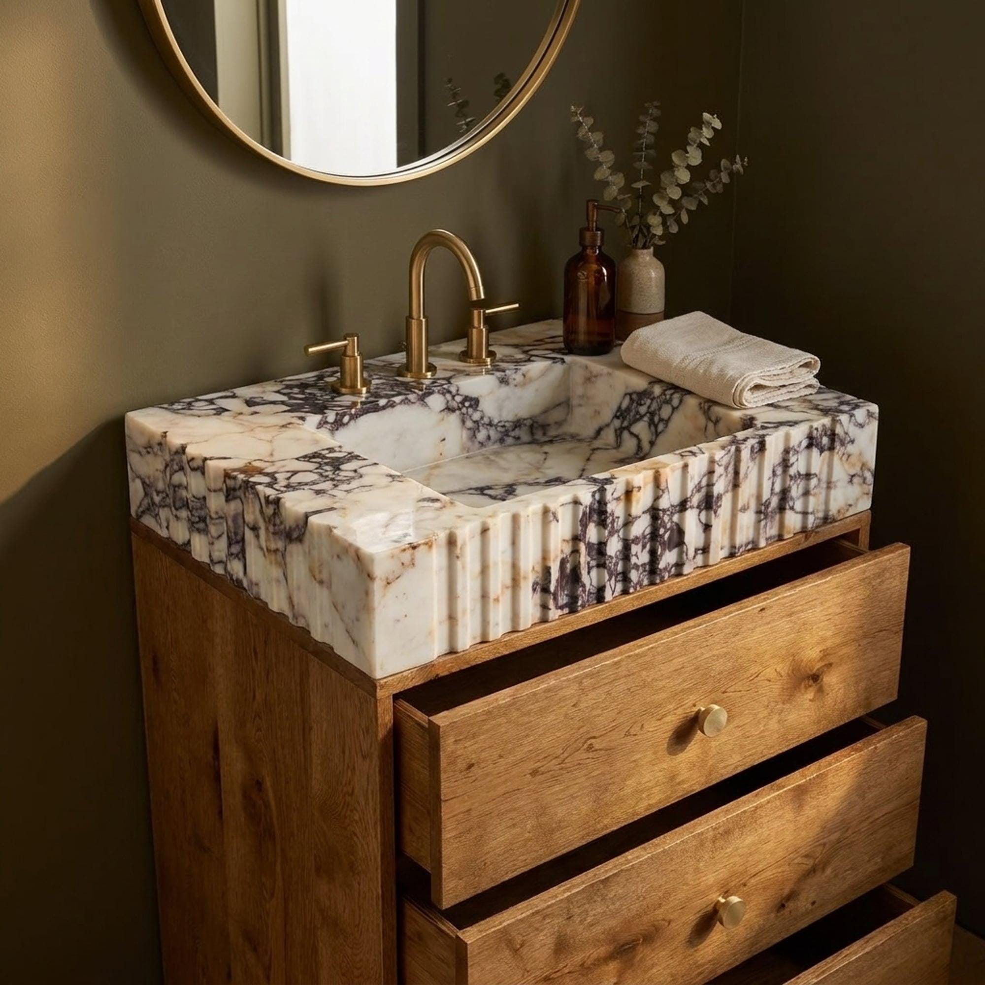 Calacatta Viola Sink | Calacatta Viola Fluted Marble Vanity Sink with Wood Vanity and Hand Carved Detail, Small Batch Made to Order