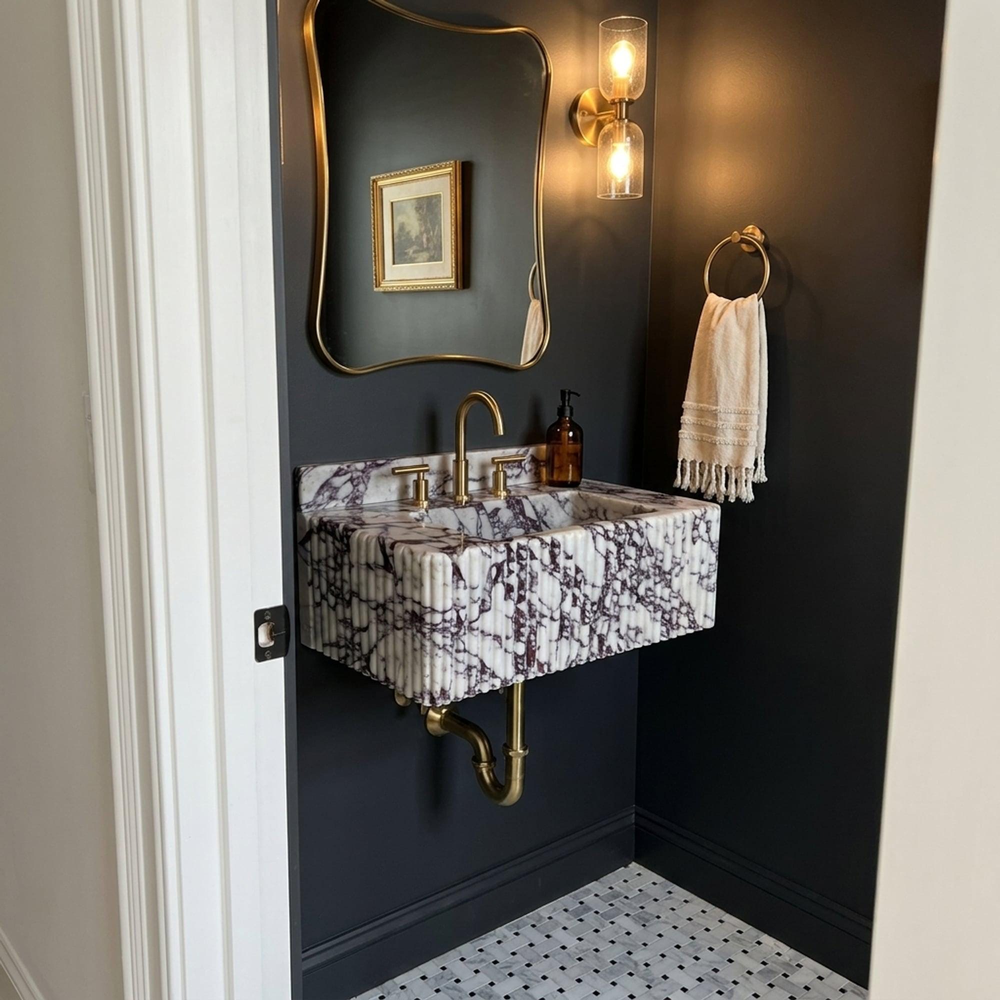 Calacatta Viola Sink | Calacatta Viola Fluted Wall Mounted Marble Sink with Backsplash and Hand Carved Detail, Small Batch Made to Order